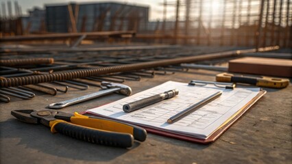 Aufkleber - A medium closeup of tools tered around a rebar installation site featuring wire ters pliers and a clipboard with construction notes conveying the organized chaos of a building