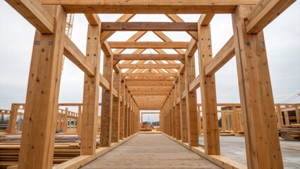 Aufkleber - A medium closeup of wooden frames being raised capturing the moment where raw materials are transformed into structural components showcasing the strength and symmetry of the