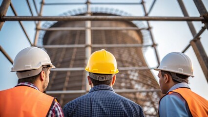 Poster - A medium closeup of workers in hard hats on scaffolding inspecting the framework of a cooling tower showcasing human collaboration in the energy sector.