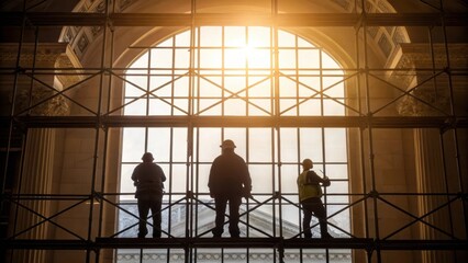 Aufkleber - A medium closeup of workers on scaffolding their silhouettes framed against a large window with sunlight streaming through showcasing the buildings grand architecture undergoing