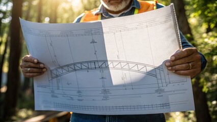 Aufkleber - A medium closeup shot capturing a construction workers hands gripping a large blueprint detailing the bridge design while sunlight filters through the trees casting dappled