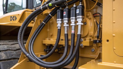 Poster - A medium closeup shot of the bulldozers hydraulic systems with hoses and connection points highlighted indicating the robust engineering that supports GPSdriven efficiency in