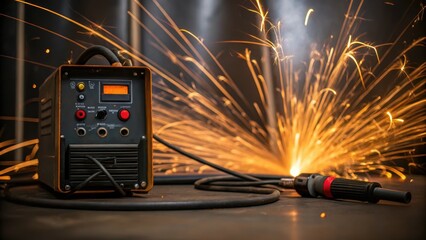 Poster - A medium closeup shot of the welding machine with buttons and wires with an eruption of sparks in the background providing an insight into the tools that generate such vibrant