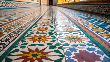 Aufkleber - A medium closeup shot showcasing the intricate patterns of the tiles laid on the floor highlighting the contrast between the vibrant colors and the meticulous alignment of each