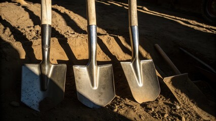 Aufkleber - A medium closeup showcases the angular shapes of excavation tools cast in sunbeams their metallic surfaces gleaming while their shadows stretch long and distorted into the pits