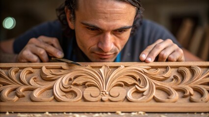 Poster - A medium closeup showcasing the artists focused expression sweat on their brow as chips of wood fly off during the precise ting of an elegant vine design.