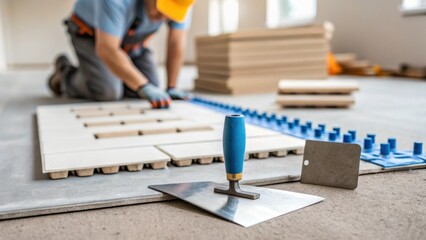 Poster - A medium closeup showing the tools of the tradea trowel spacers and tile terarranged beside the worker depicting the essential equipment used in flooring installation.
