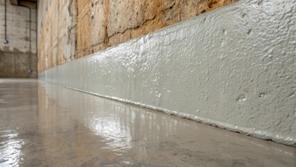 Poster - A medium closeup that shows the texture of smooth drywall against the backdrop of weathered concrete where the drywalls glossy paint catches reflections while the concrete absorbs