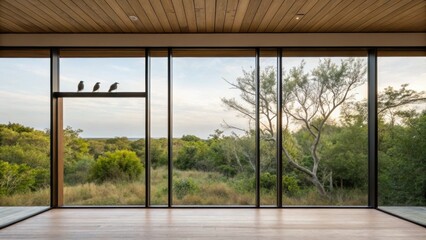 Aufkleber - A minimalist home showcases large panoramic windows blurring the boundaries between indoor living and the surrounding wild landscape with birds perched nearby.