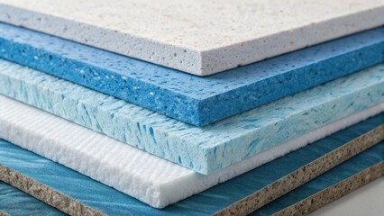 Poster - An abstract view of overlapping layers of insulation material their textured surfaces revealing a palette of blues and whites evoking a sense of depth and complexity while