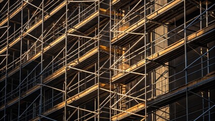 Aufkleber - An abstract composition of angled scaffolding the geometric lines creating a dynamic interplay of shadows and light emphasizing the complexity of the sites vertical construction.