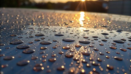 Leinwandbilder - An abstract view of raindrops speckled across a newly painted surface capturing the intricate interplay of light and shadow as the droplets catch sunlight.