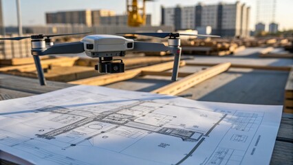 Aufkleber - An artistic closeup of a drone casting a shadow over blueprints and plans laid out on the construction site symbolizing the integration of modern technology with traditional