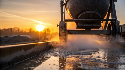 Poster - An early morning closeup of a concrete mixer steam rising as the sun peeks over the horizon casting a golden glow on the wet cement and reflecting raw materials lit by the gentle