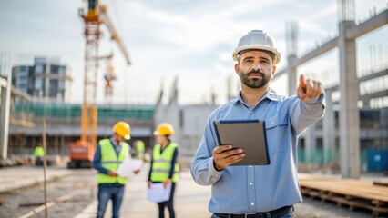 Aufkleber - An engineer gestures towards a construction site with a tablet in hand analyzing data and making realtime adjustments to the project based on recent developments.