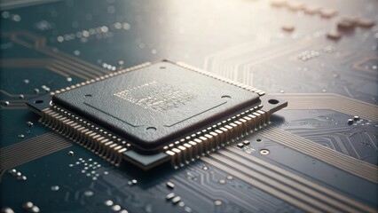 Aufkleber - An extreme closeup of a silicon chip highlighting its microscopic patterns and connections with a backdrop that suggests advanced manufacturing technology.