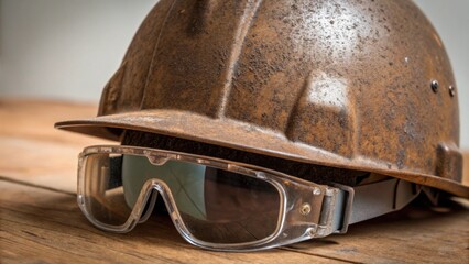 Poster - An extreme closeup of the hard hats brim featuring a rugged edge paired with the reflective coating of safety glasses illustrating their ability to shield eyes from glare in