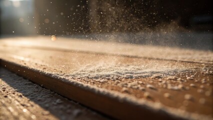 Poster - An extreme closeup of the sanding surface revealing the grains of sandpaper wearing down surrounded by a light cloud of drywall dust that catches the light.