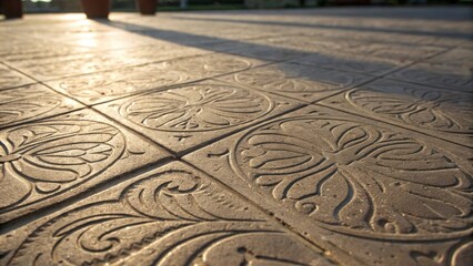 Poster - An extreme closeup of patterned stamped concrete with intricate designs and grooves that cast delicate shadows emphasizing the craftsmanship of the finish.