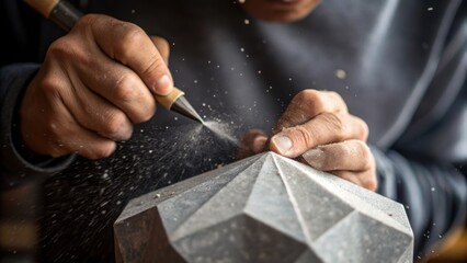 Fototapete - An intricate closeup of an artisan chiseling a piece of gray stone revealing the sharp edges and fine dust particles swirling in the air around the sculptors focused expression.