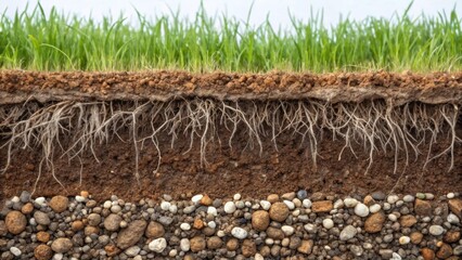 Poster - An intricate closeup of soil layers within a green roof system displaying rich organic matter and root networks interwoven with small pebbles illustrating the foundation of