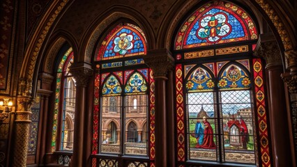 Aufkleber - An intricate closeup of stained glass windows depicting historical scenes set within a Victorian structure with vibrant colors casting enchanting patterns on the interior walls.