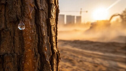 Aufkleber - An intricate shot of tree sap glistening in the sun surrounded by a halo of dust from nearby construction metaphorically signifying purity enduring amidst disruption.