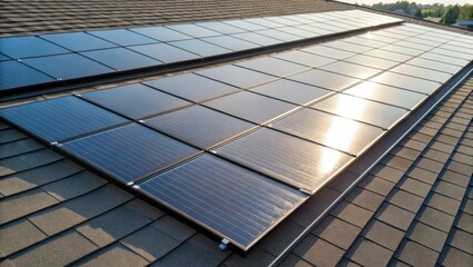 Poster - An overhead closeup of a flat roof featuring reflective solar panels arranged in neat rows. The surfaces uniform texture is complemented by the glint of sunlight showcasing modern