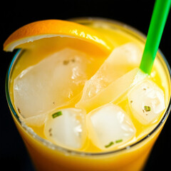 Refreshing orange juice with ice and a citrus wedge. Perfect summer drink!