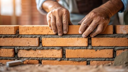 Aufkleber - Brick Laying Technique A closeup of a masons hands skillfully laying bricks with precision the mortar oozing slightly between the bricks. The texture of the bricks and the subtle