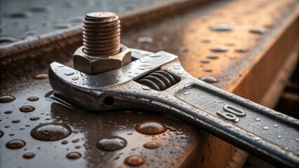 Poster - Bolting Equipment A medium closeup of an industrialgrade wrench being tightened on a large rustresistant bolt with droplets of water glistening on the metal surface showing the