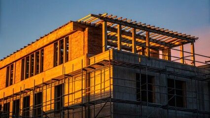 Aufkleber - Bright waning light of sunset casts an amber glow over a halffinished building creating a striking contrast against the blue sky with shadows ing in corners and on uneven surfaces