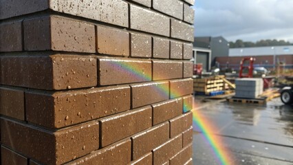 Poster - Closeup of a brick wall wet from the rain with a faint reflection of the rainbow shimmering across its surface symbolizing resilience amid construction chaos.