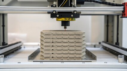 Poster - Closeup of a 3D printer layered with concrete with material being deposited in realtime illustrating how additive manufacturing is transforming traditional building ods.