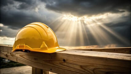 Closeup of a construction helmet resting on a wooden beam with intense sunlight breaking through storm clouds in the background illuminating the texture and colors of the helmet.