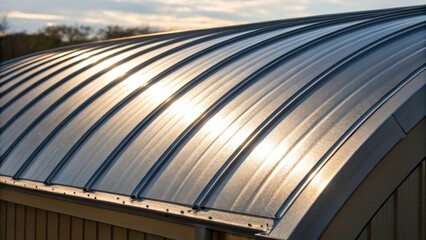 Aufkleber - Closeup of a curved roof structure where sunlight catches the metallic sheen of the surface accentuating its gentle contours and creating a dynamic play of light across the arc.