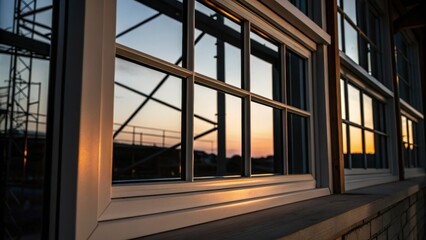 Aufkleber - Closeup of a freshly installed window frame its clean lines sharply outlined by the dark angular shadows of the construction site while the evening light casts a soft glow on the