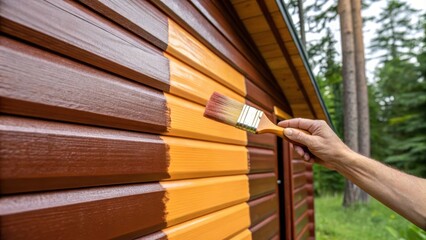 Poster - Closeup of a hand brushing paint on the cabins exterior capturing the smooth strokes vibrant color and the contrasting textures of wood and nature surrounding the cabin.