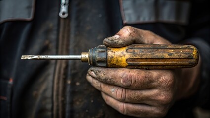 Poster - Closeup of a hand encircling a worn screwdriver fingers stained with dirt and oil reflecting a day spent in tireless effort and craftsmanship.