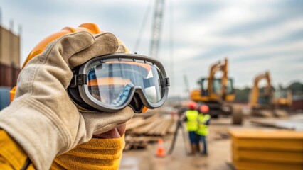 Poster - Closeup of a hand adjusting protective goggles before starting a task signifying personal responsibility in adhering to safety protocols amid the busy construction environment.