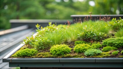 Aufkleber - Closeup of an innovative green roof adorned with native plants illustrating the integration of vegetation to improve insulation and reduce urban heat.