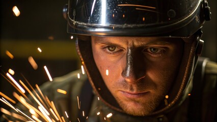 Fototapete - Closeup of a welders face beads of sweat visible as warmth from the sparks radiates embodying the dedication and intensity of the electrical work being performed.
