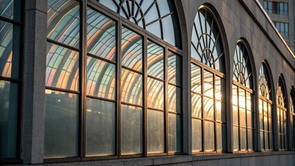 Aufkleber - Closeup of glass windows where sunlight creates intricate patterns of refraction with muted colors reflecting vividly against the sleek modern lines of the architecture.