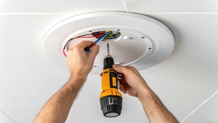 Poster - Closeup of hands using a screwdriver to attach a modern recessed lighting panel to the ceiling showcasing intricate wiring and a pristine white ceiling finish.
