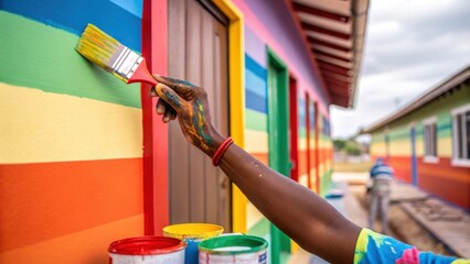 Poster - Closeup of hands stained with paint as a resident carefully brushes vibrant colors onto an exterior wall of a newlybuilt community center showcasing personal investment in the