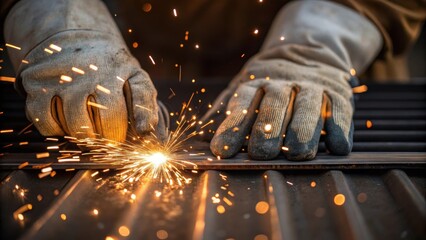 Poster - Closeup of protective gloves covered in fine particles with bright sparks contrasting against the metal surface being worked on highlighting the hands labor in the highenergy