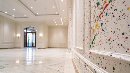 Poster - Closeup of paint splatters on an unfinished wall with a pristine polished interior space of a newly completed room depicted in soft focus emphasizing the journey from chaos to