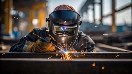 Poster - Closeup of protective gear gloves and goggles on a workers body as they weld metal pieces together with sparks flying in the foreground against a blurred backdrop of the