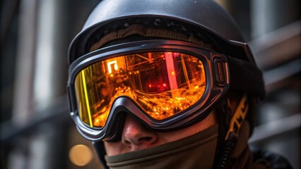 Poster - Closeup of Reflection in Goggles An extreme closeup of goggles showing a vibrant reflection of glowing metal during a ting task emphasizing the protective barrier between the