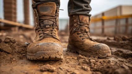 Poster - Closeup of safety boots caked in mud standing firmly on a construction site with the rough terrain visible in the foreground suggesting resilience and the heart of the labor being